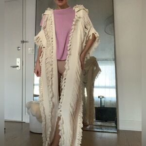 Tulum Cream Knit Fringe Vest Hooded